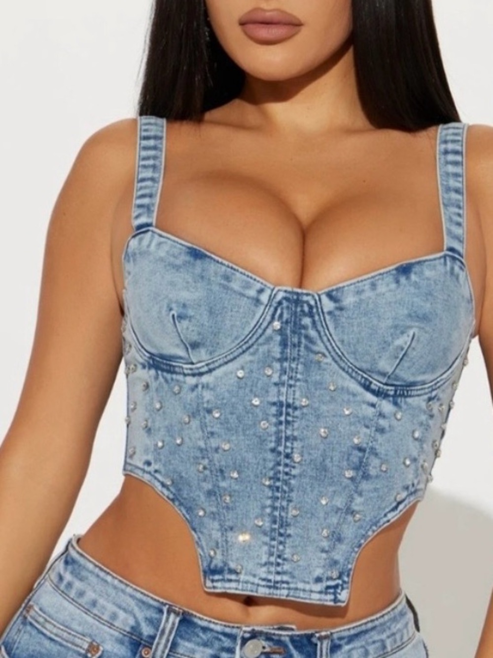 NEW Signature 8 Festival Western Glam Y2K Pop Icon Denim Rhinestone Corset Top S